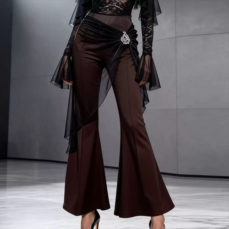 Mesh Drape Latin Dance Pants Bell Bottom Brooch Practice Trousers, view 3