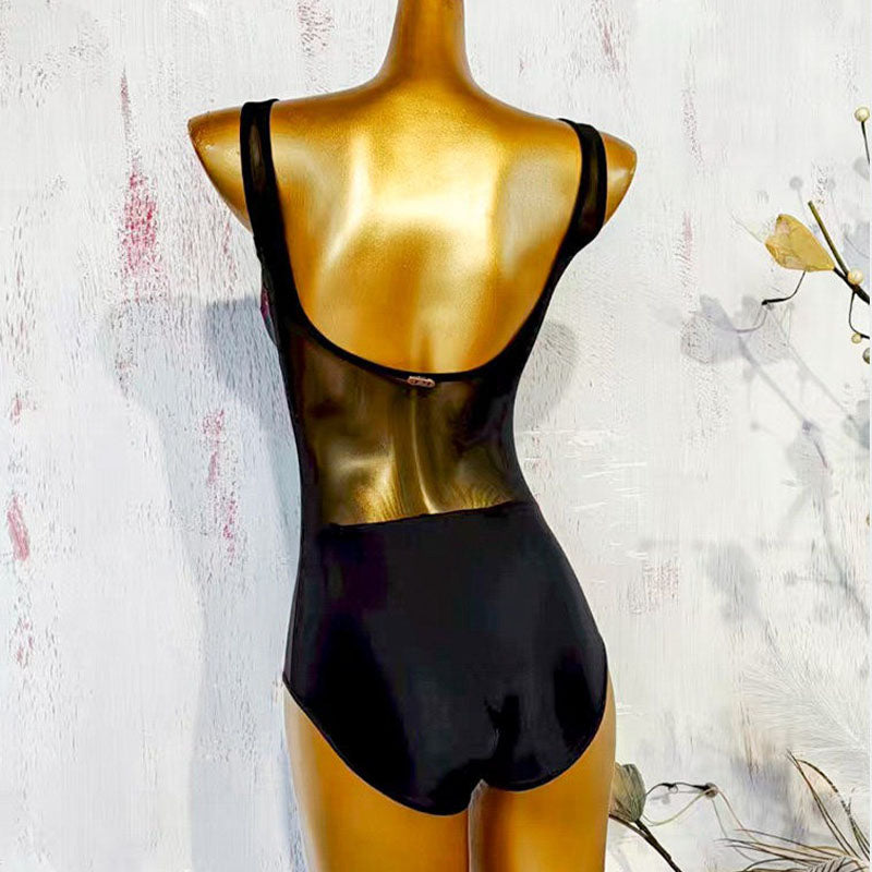 Latin Dance Leotard Rose Print Cup Mesh Panel Bodysuit, view 3