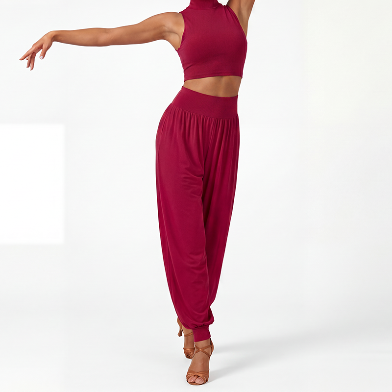 Draped Latin Dance Pants High Waist Tapered Cuff Practice Trousers in Burgundy, on model