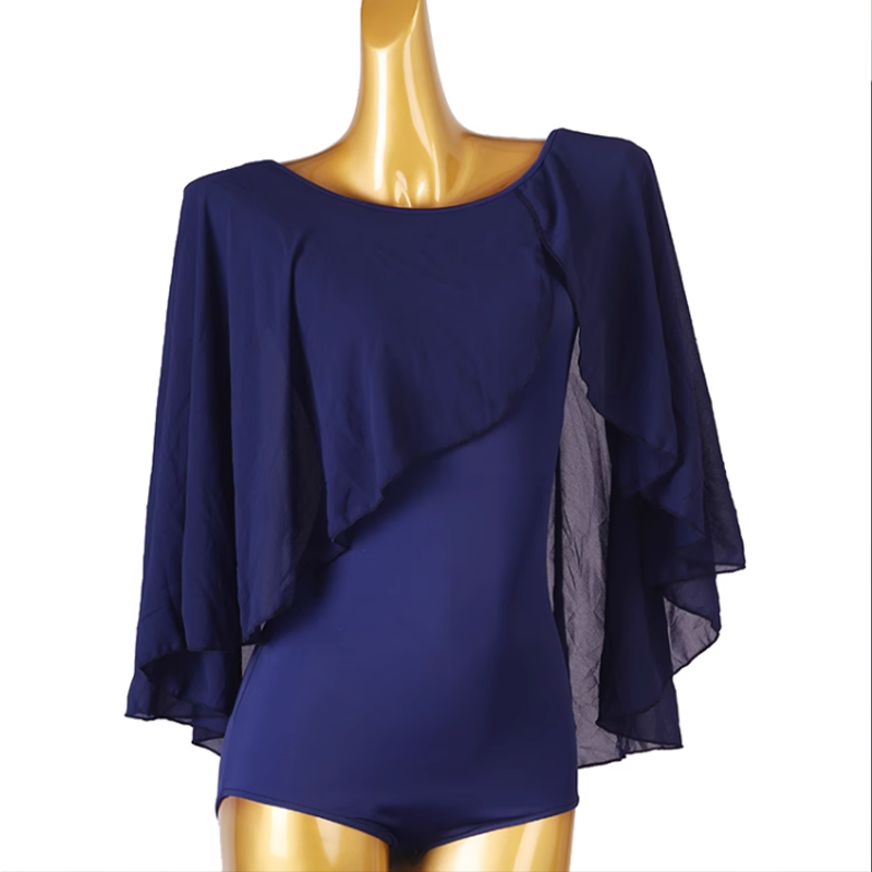 TTdancewear blue chiffon cape sleeve Latin dance leotard bodysuit, front view