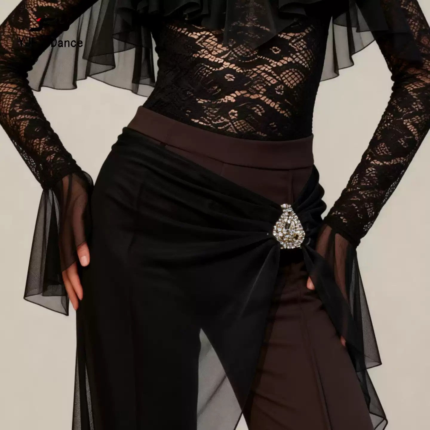 Mesh Drape Latin Dance Pants Bell Bottom Brooch Practice Trousers, view 6