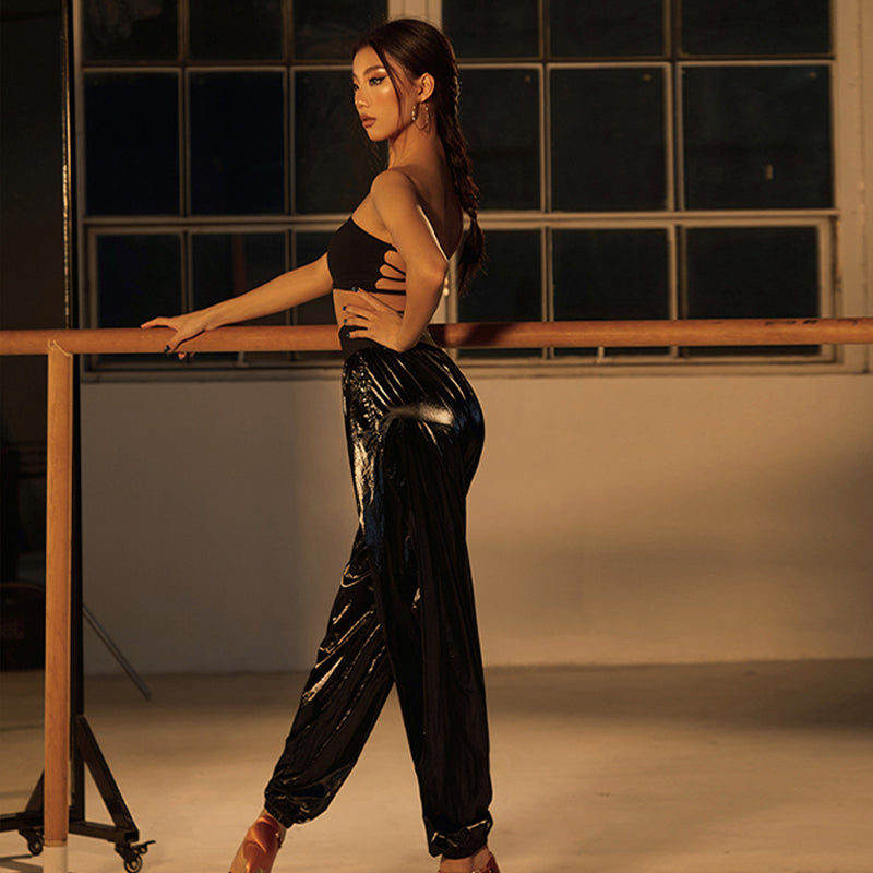 Glossy Sauna Latin Dance Pants High Waist Cuffed Practice Joggers, view 3