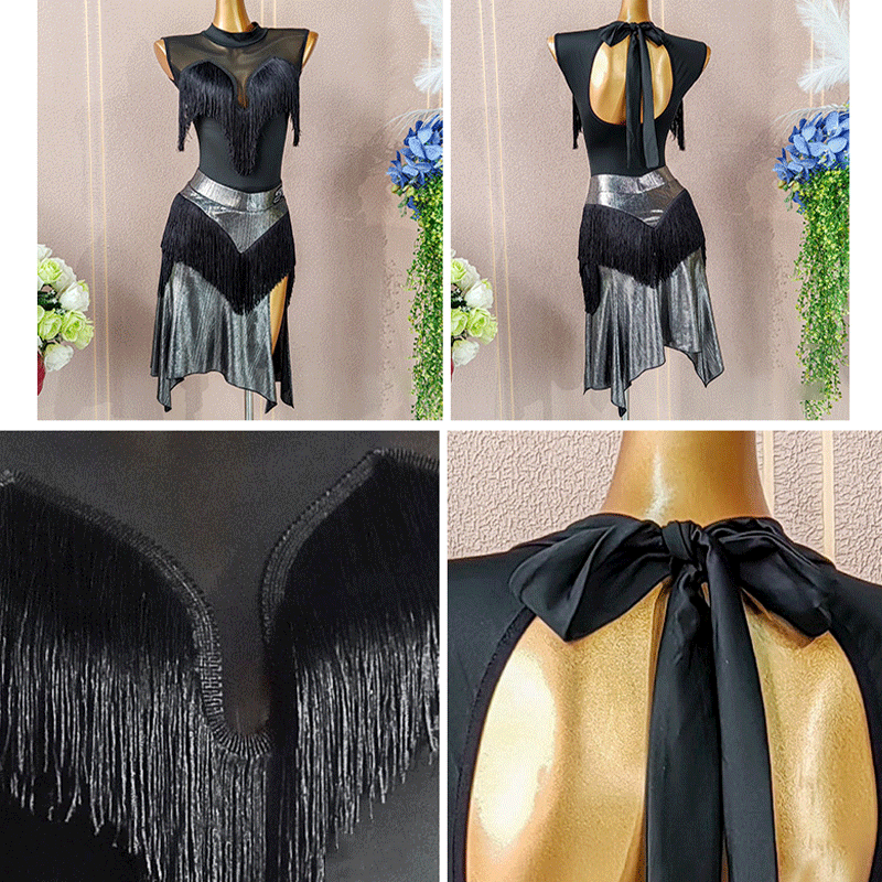 Latin Dance Leotard Fringe Mesh Yoke Sleeveless Bodysuit, view 5