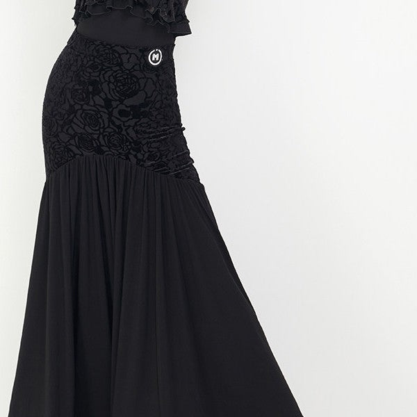 Black Floral Lace Ballroom Dance Skirt with Flared Hem, front view