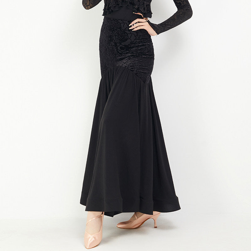 Black flared ballroom skirt, side view
