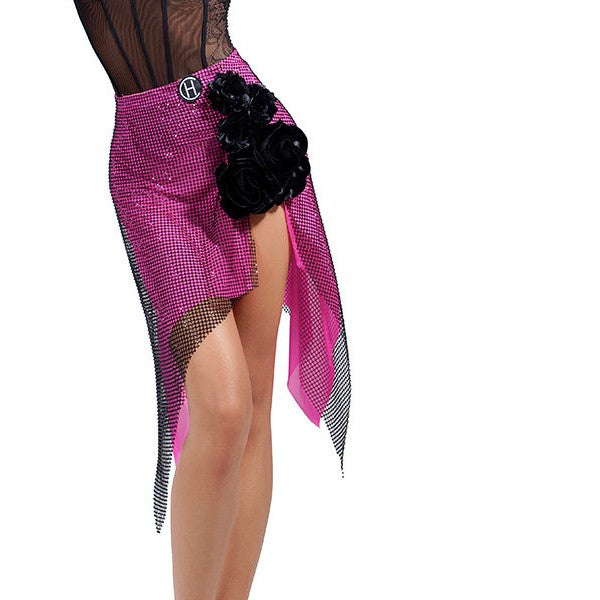 Rose Red Rhinestone Mesh Latin Dance Skirt - Salsa Skirt, front view