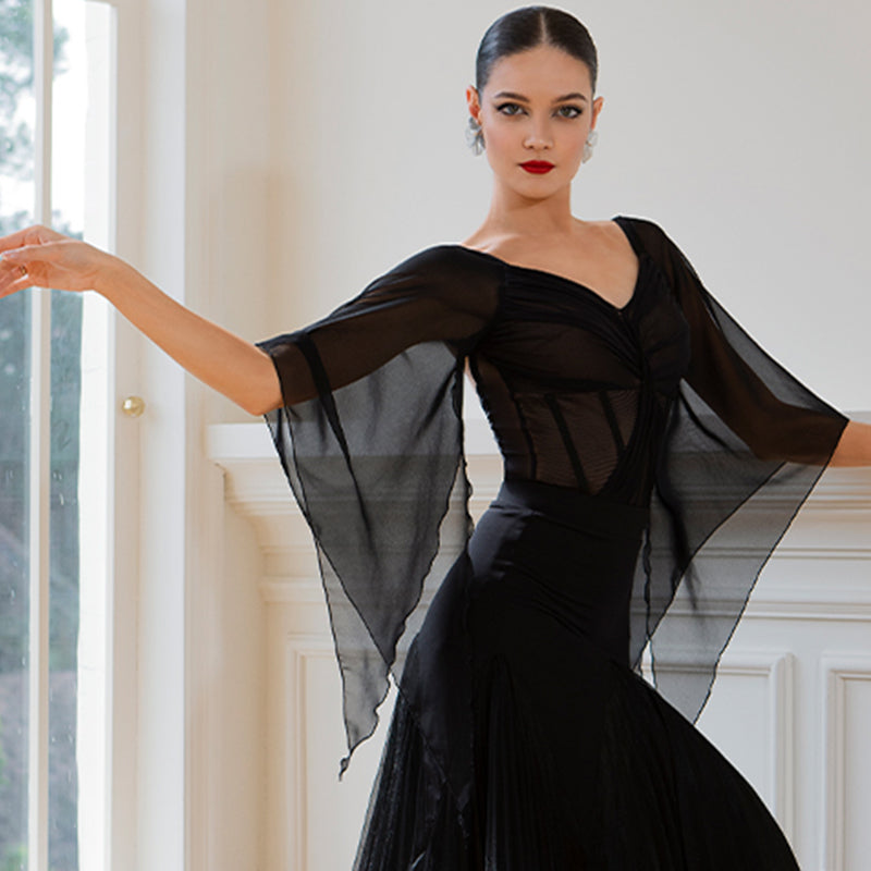 Ballroom Dance Leotard Chiffon Angel Sleeve Sweetheart Bodysuit in Black, on model
