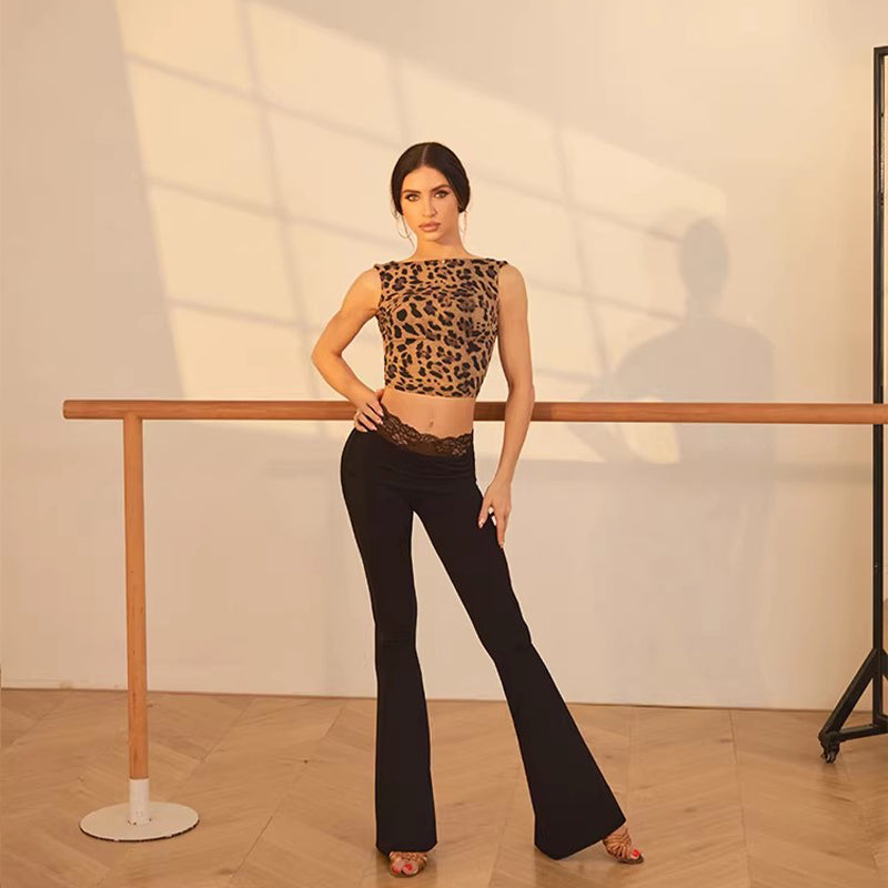 Lace Waist Latin Dance Pants Bell Bottom Flared Practice Trousers, view 5