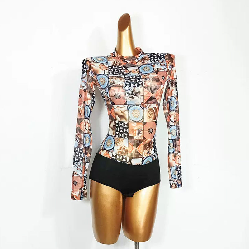 Latin Dance Leotard Animal Print Mesh Mock Neck Bodysuit, view 5