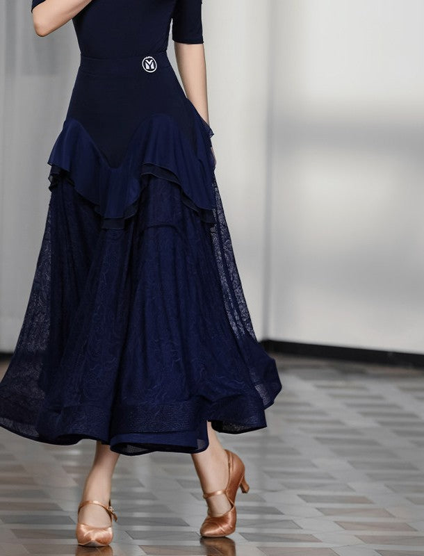 Dark blue tiered ballroom skirt, full length view