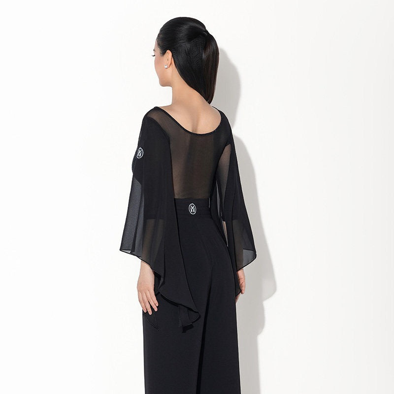 Black mesh cape sleeve ballroom leotard, back view