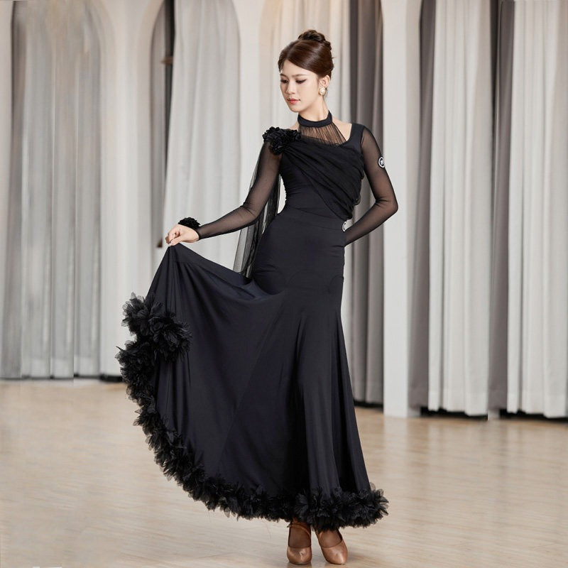 Black mesh drape ballroom leotard worn with a practice skirt