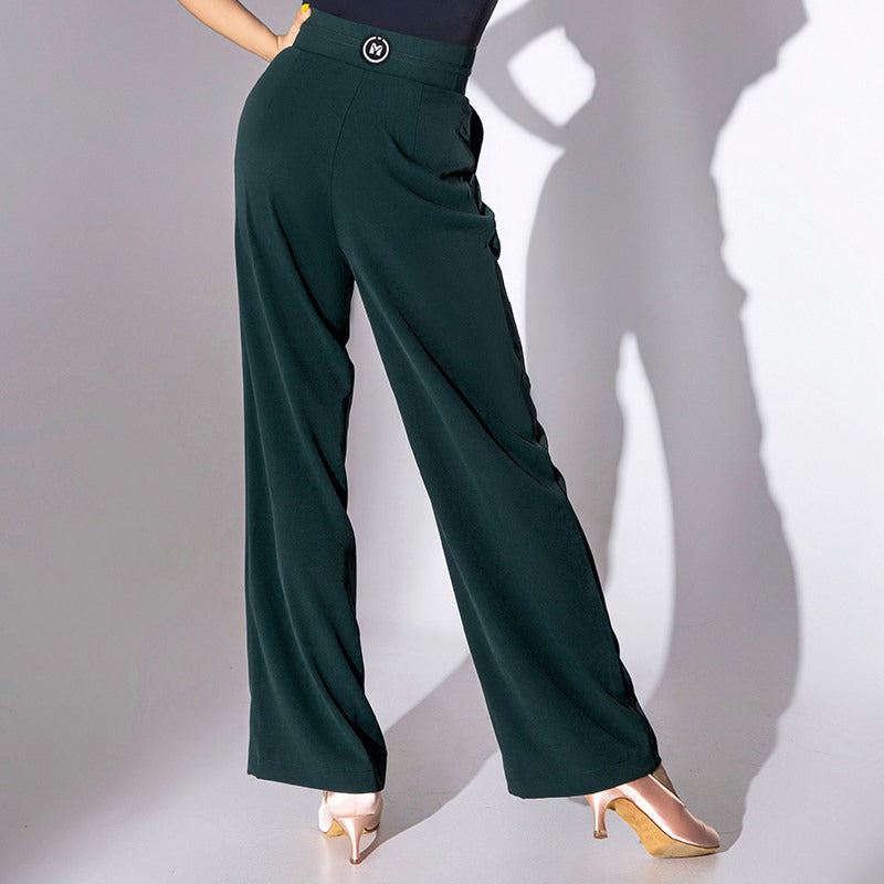 Dark green wide leg ballroom dance pants, side view