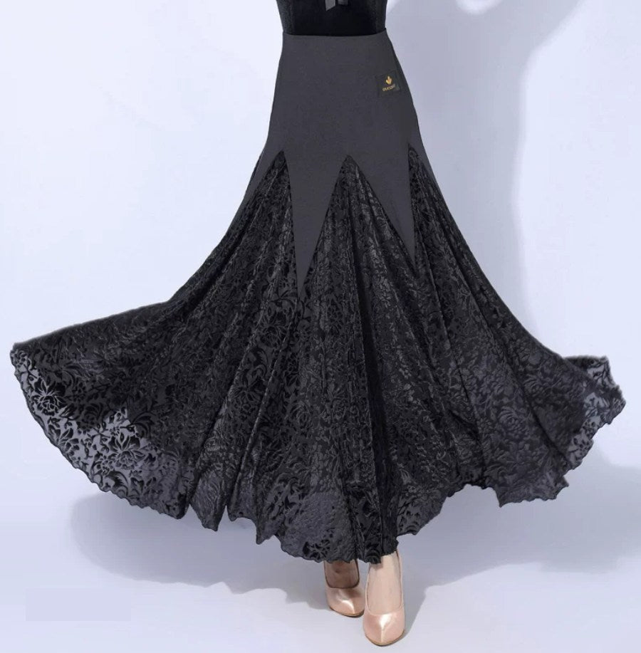 Women's Black Burnout Velvet Ballroom Smooth Long Dance Skirt