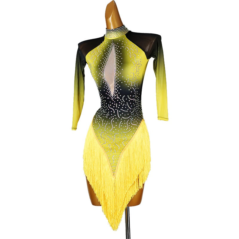 Yellow and black ombre long sleeve tassel dress, angled front view on mannequin