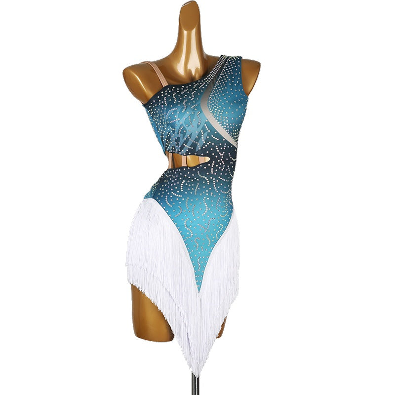 Blue one shoulder fringe dress, front view on mannequin