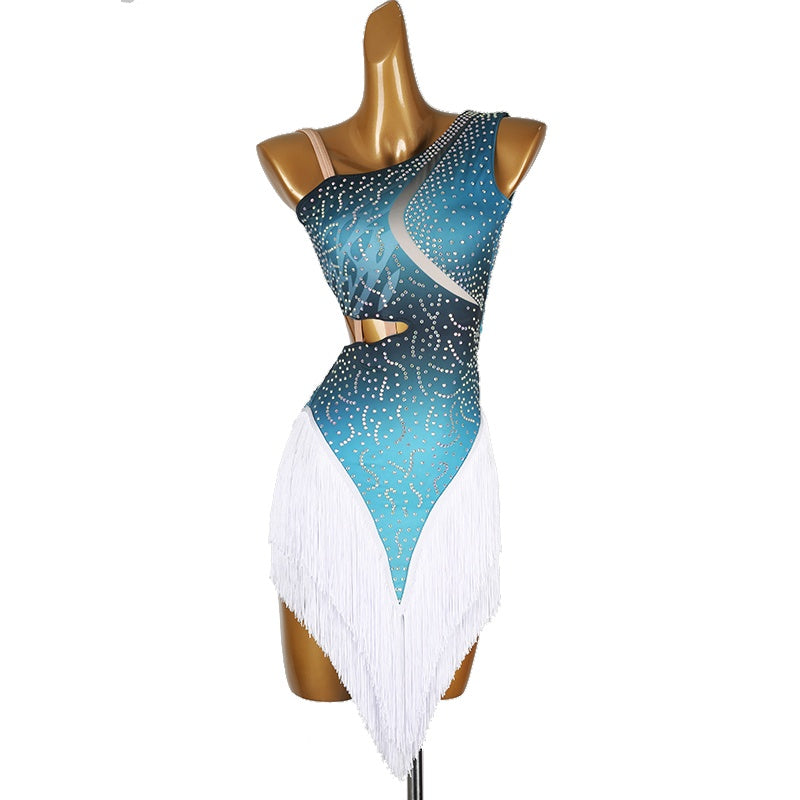 Blue one shoulder fringe dress, angled front view on mannequin