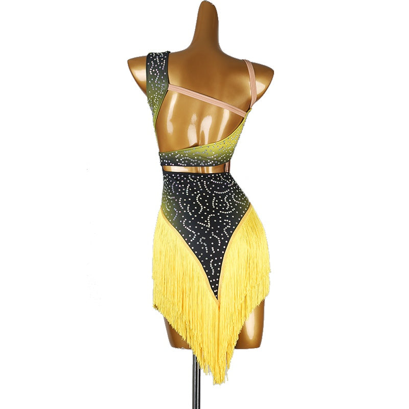 Yellow and black ombre one shoulder fringe dress, back view on mannequin