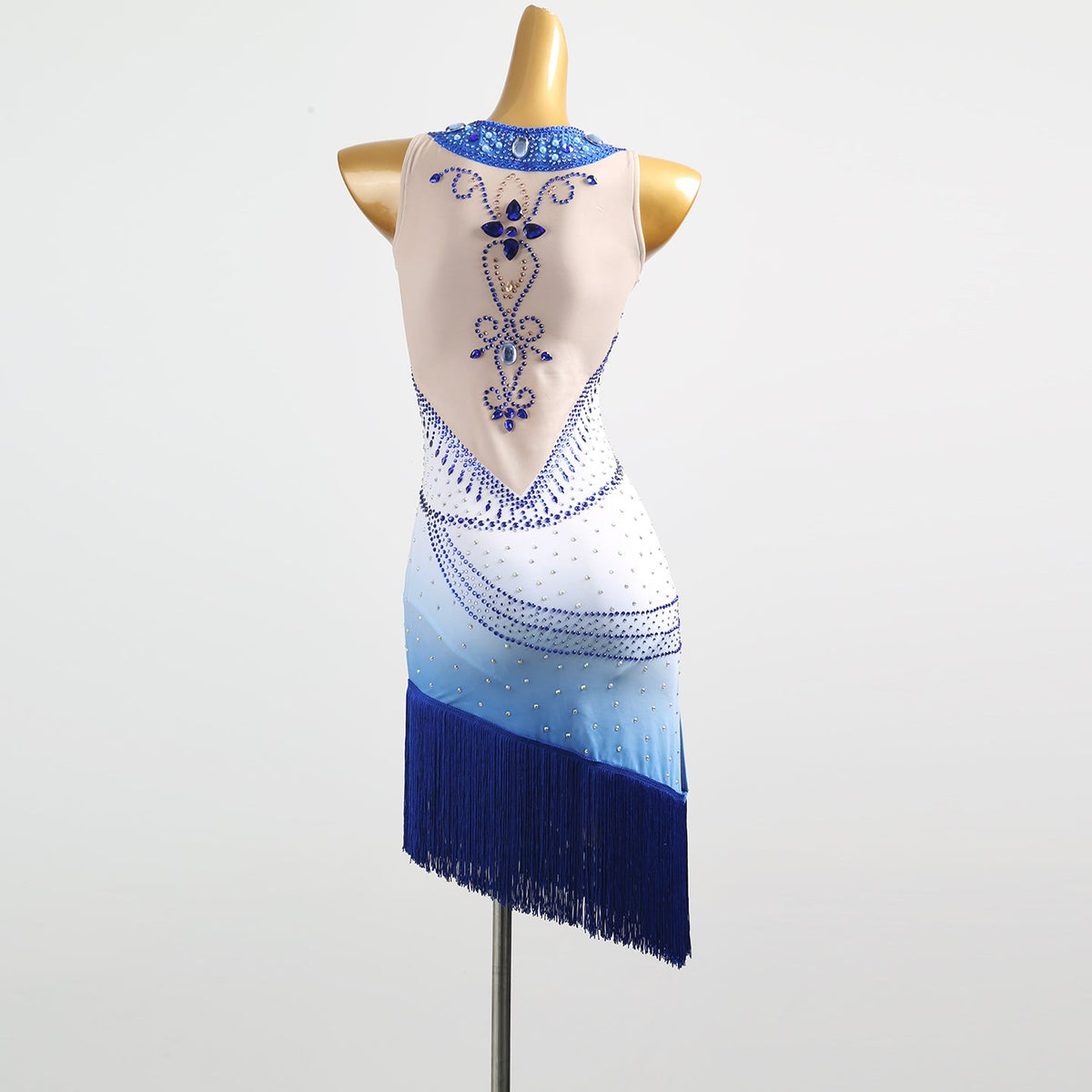 White and blue ombre beaded motif dress, back view on mannequin