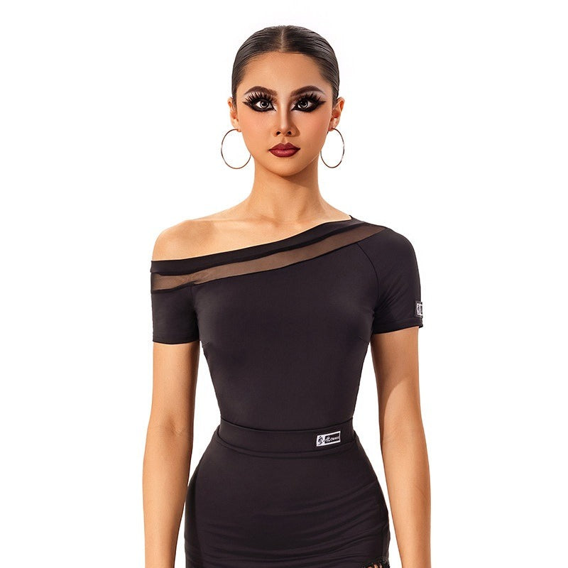 Black asymmetric mesh shoulder Latin dance leotard, front view