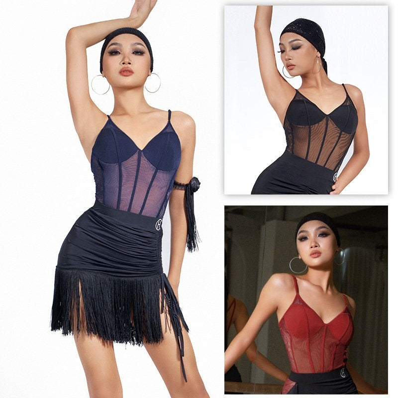Navy mesh corset cami Latin dance leotard, front view
