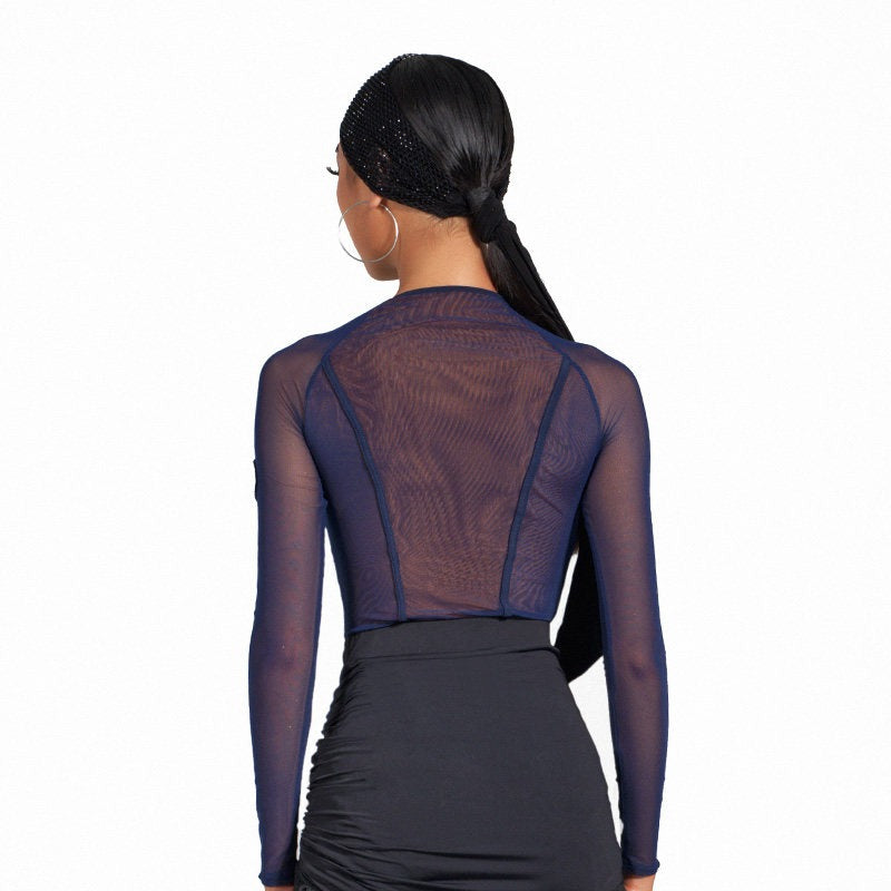 Navy mesh sleeve Latin dance bodysuit, back view