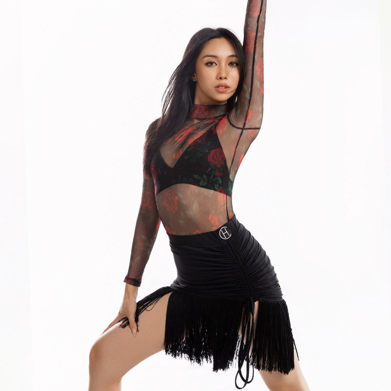 Black rose sheer mesh Latin leotard, arms raised