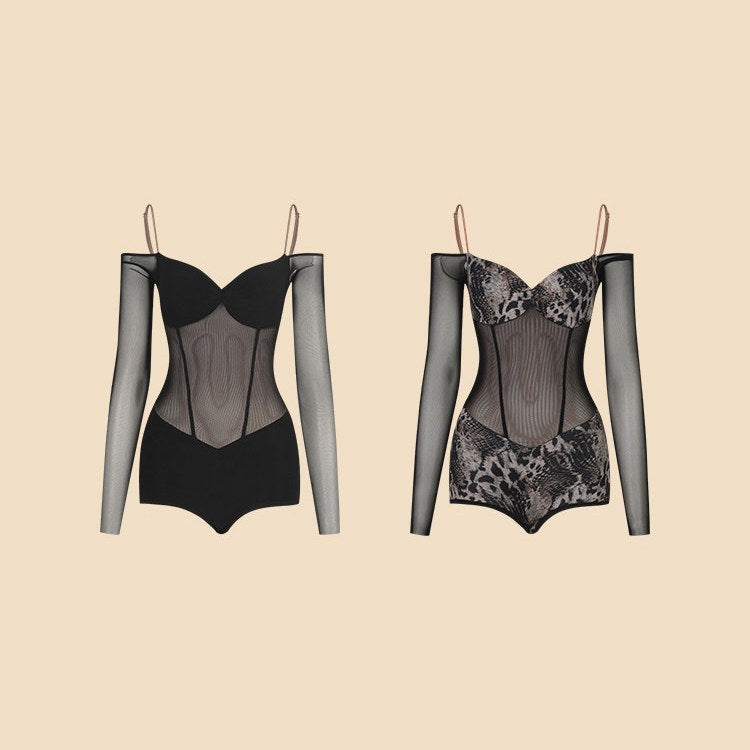 Black and snake print off shoulder mesh leotards, product view