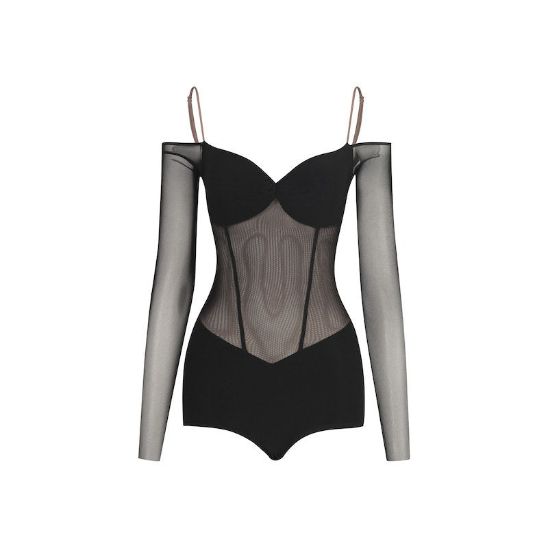 Black mesh off shoulder dance leotard, product view