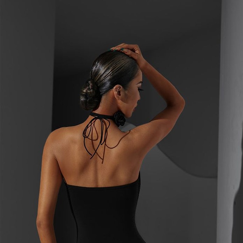 Black halter dance bodysuit, open back view
