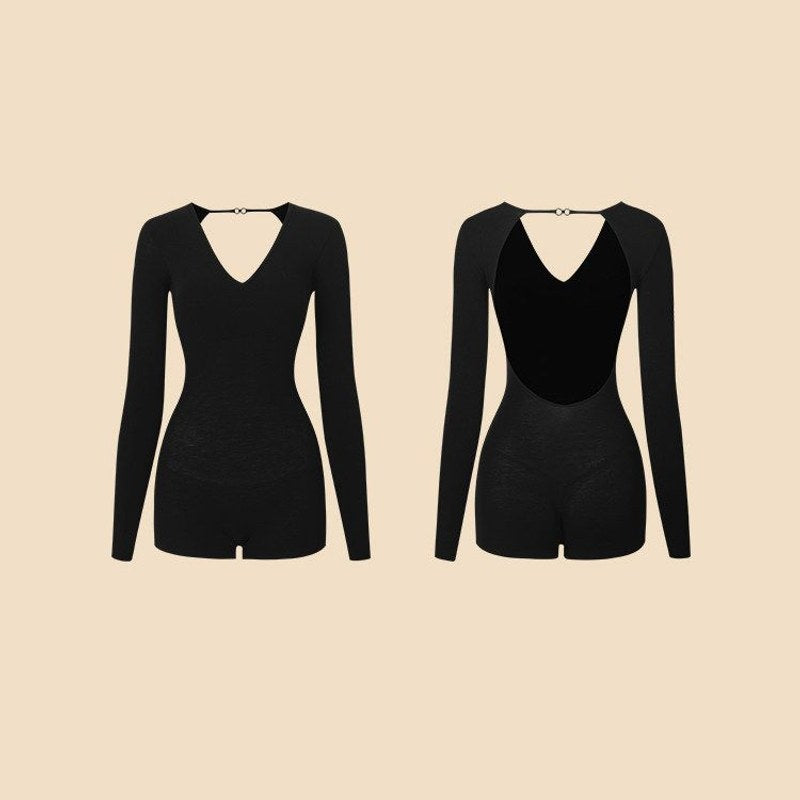 Black long sleeve open back Latin dance leotard, flat lay front and back