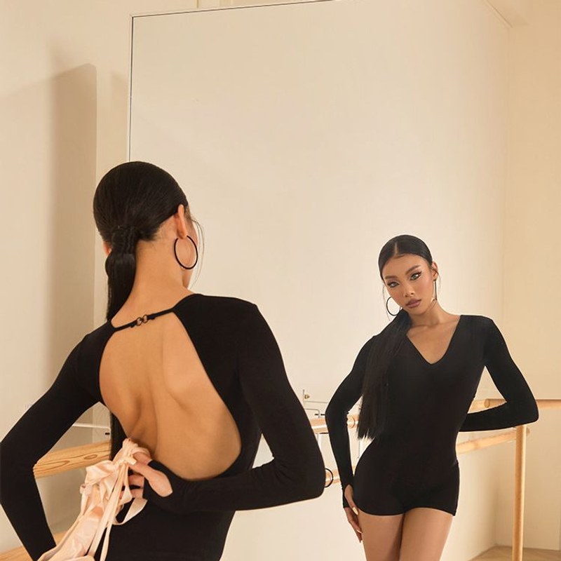 Black long sleeve open back leotard, back and front view