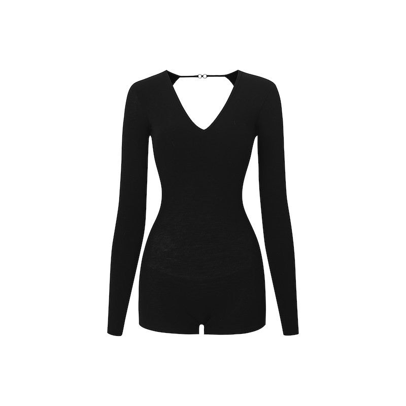 Black long sleeve open back Latin dance leotard, flat lay