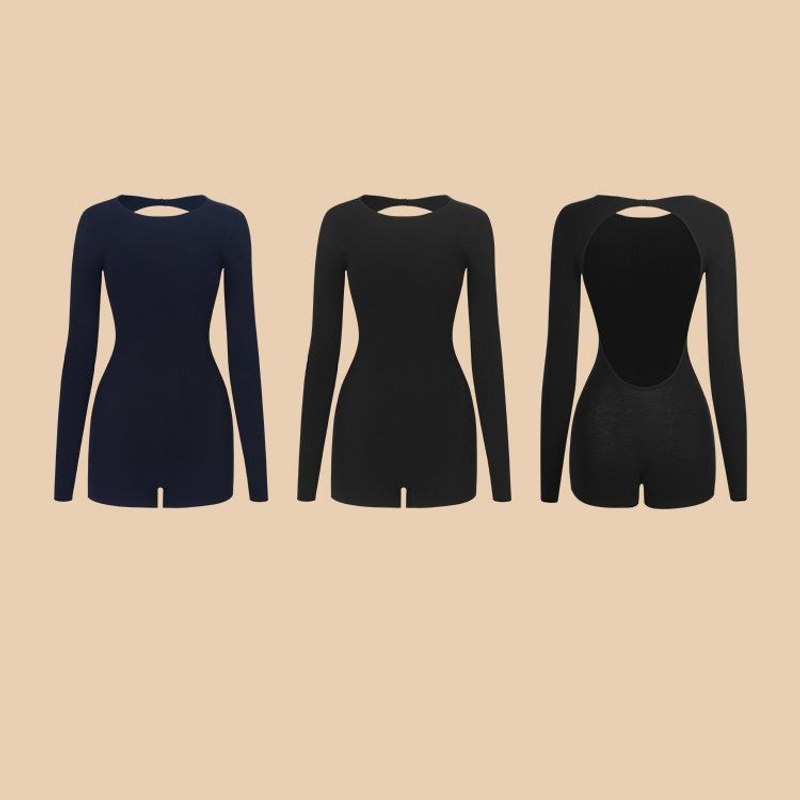 Navy Blue, Black crew neck long sleeve Latin dance bodysuit, flat lay of both colours