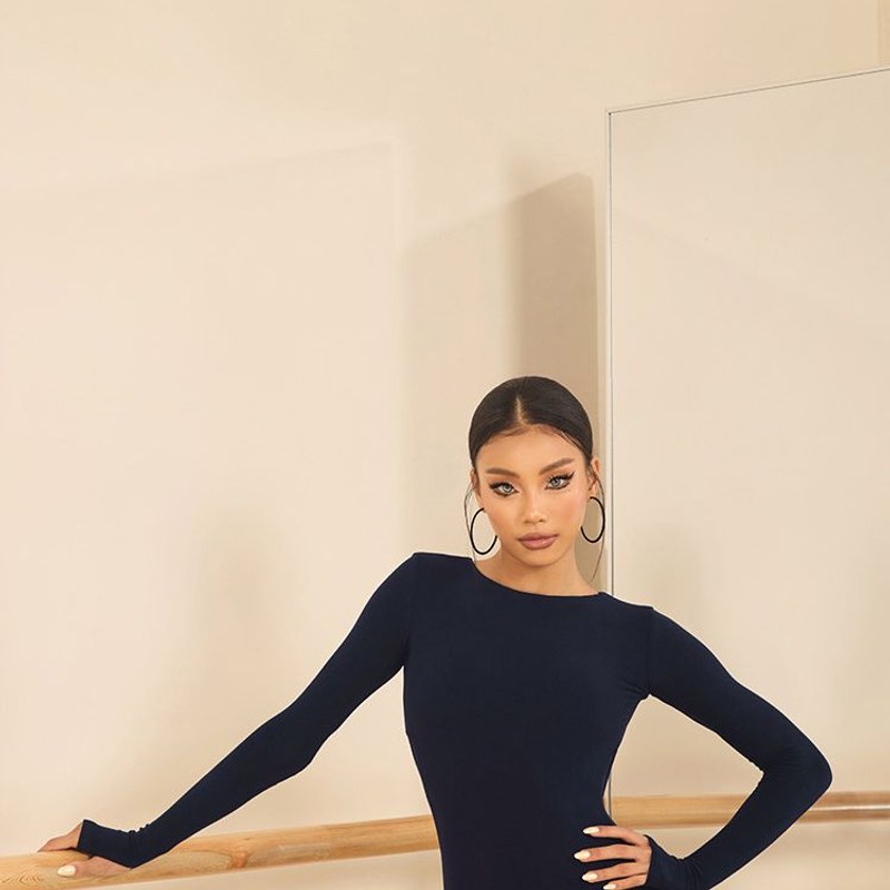 Navy Blue crew neck long sleeve bodysuit, front view at the barre