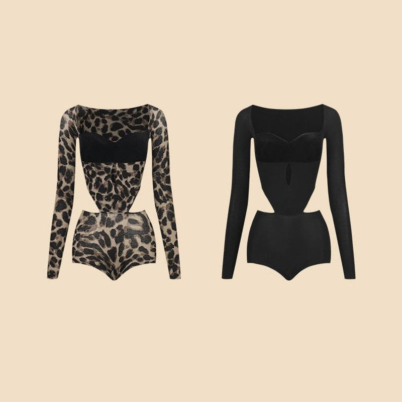Grey Leopard, Black velvet bust long sleeve Latin dance leotard, flat lay of both colours