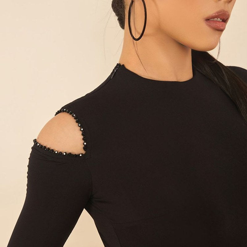 Black mock neck cutout leotard, front close-up