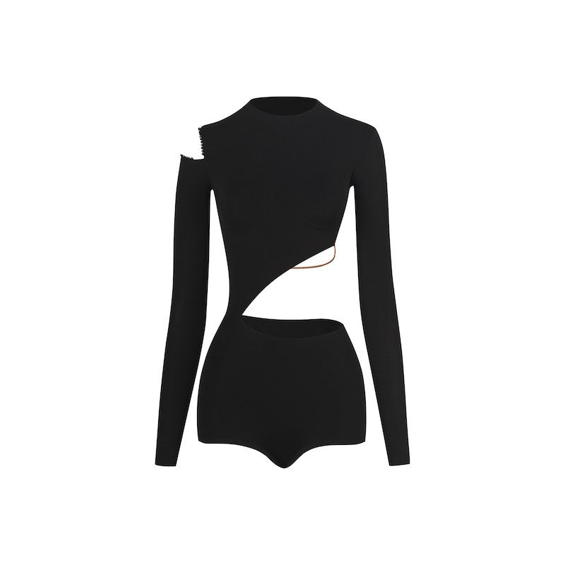 Black mock neck cutout Latin dance leotard, flat lay