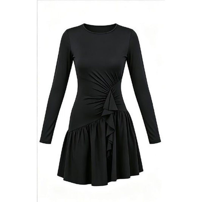 Black ruffle sash dance dress laid flat, front view of the draped waist