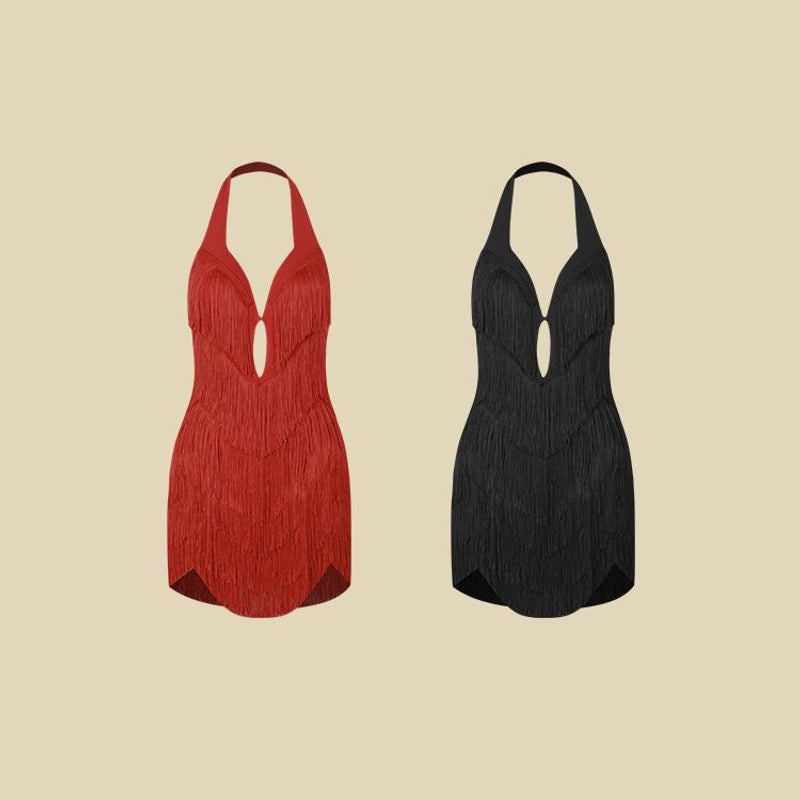 Red and black fringe dance dresses, product view