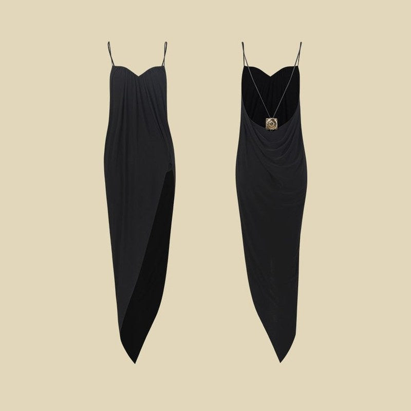 Black long dance dress, front and back product view