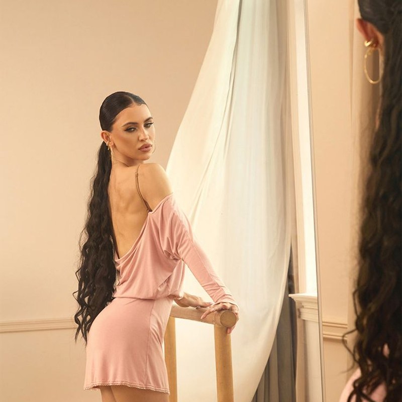 Pink cowl back dance dress, back view