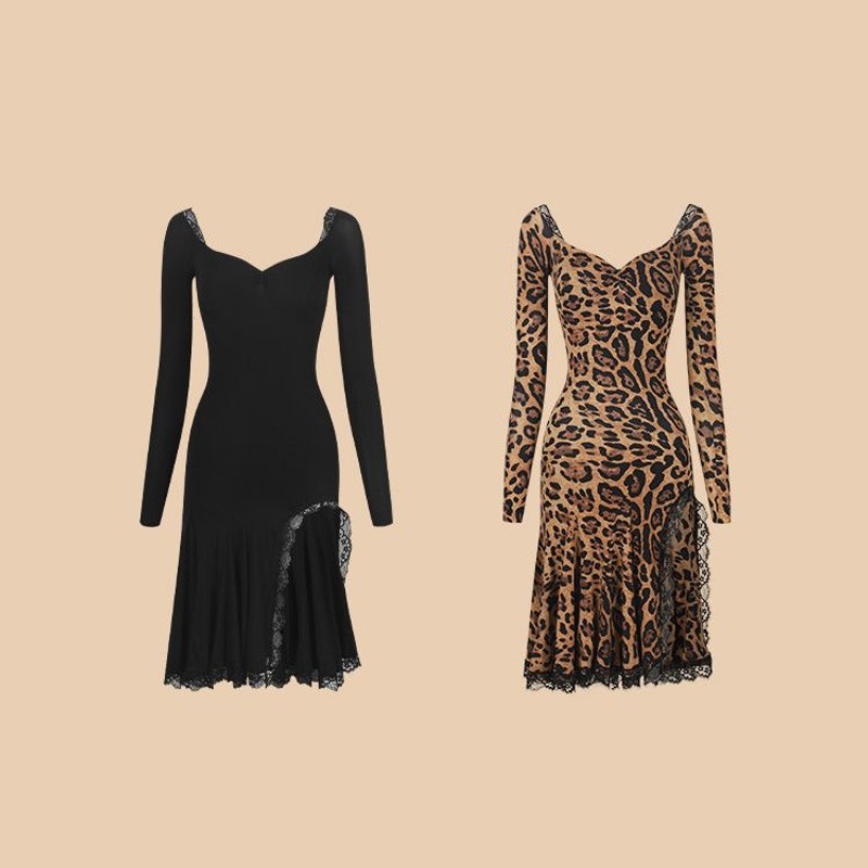 Black and leopard off shoulder dance dresses, product view
