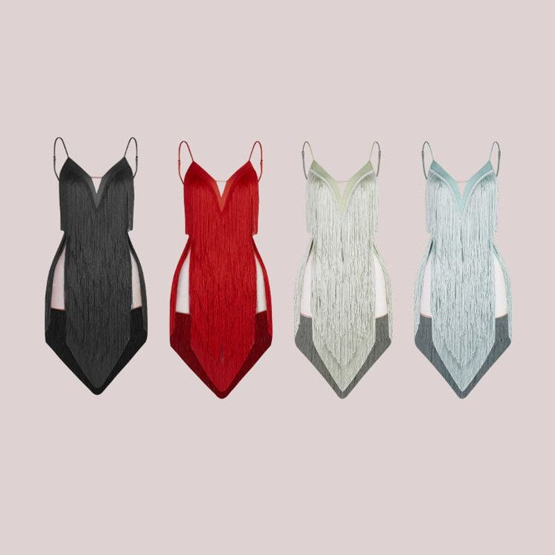 Fringe dance dresses in black, red, sage green and light blue, product view