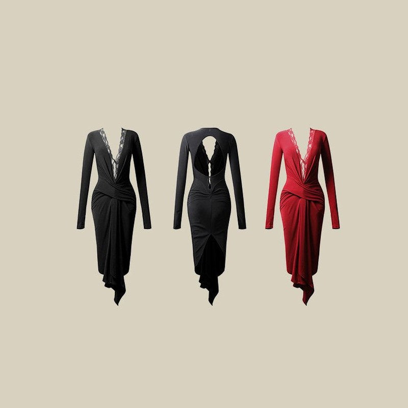 Black velvet, black and red long sleeve dance dresses, product view