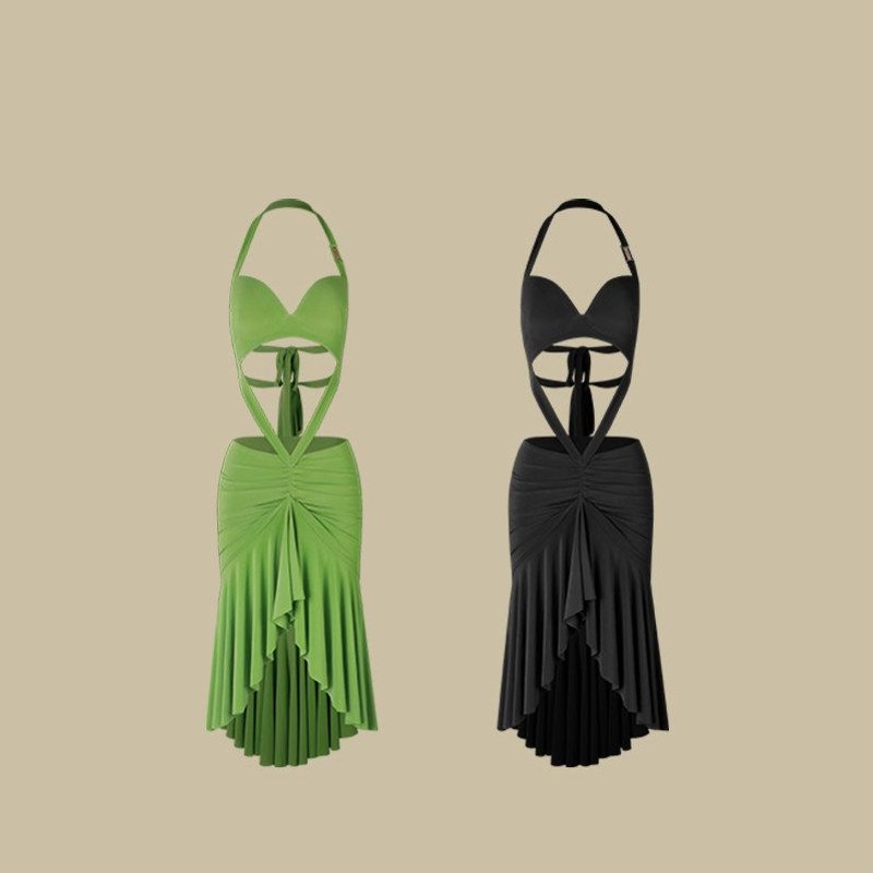 Green and black halter cutout dance dresses, product view