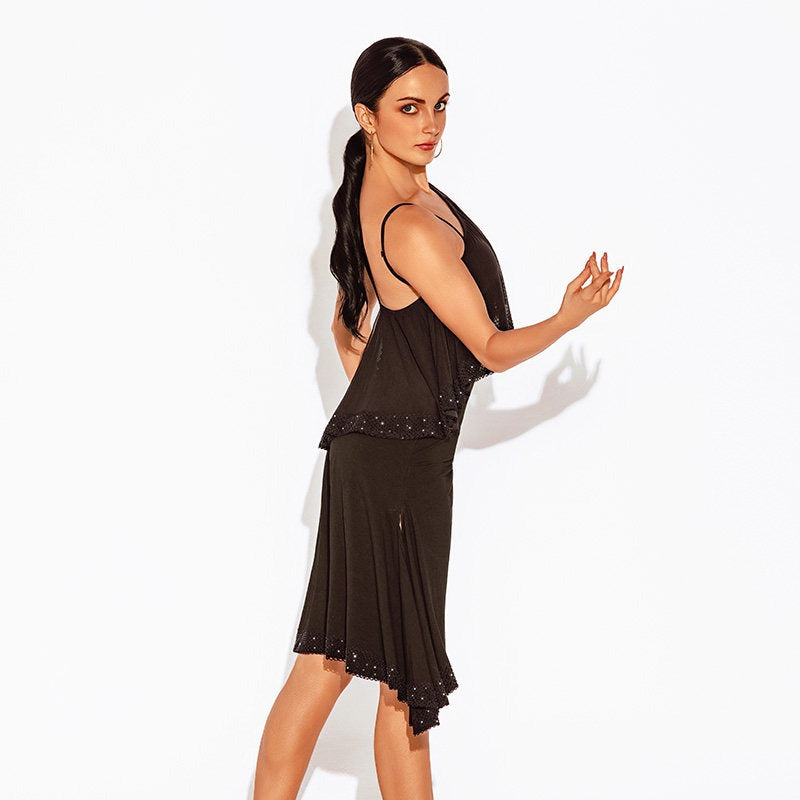Black asymmetric hem salsa dance dress, back view