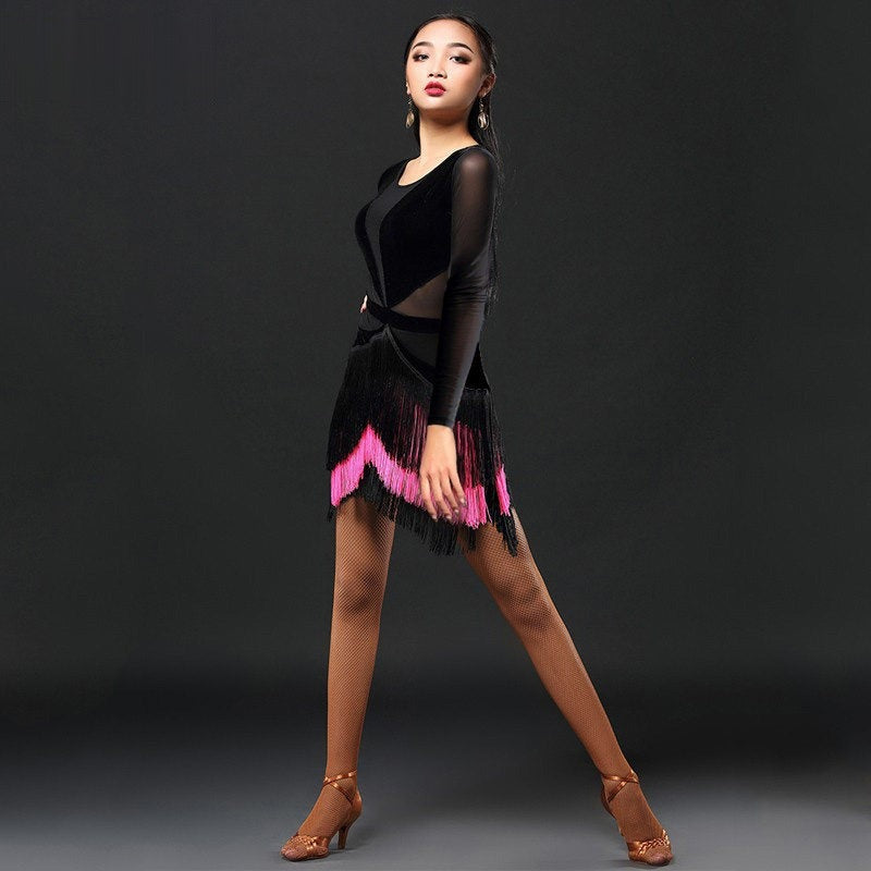 Black velvet Latin salsa dance dress with rose red fringe, front view