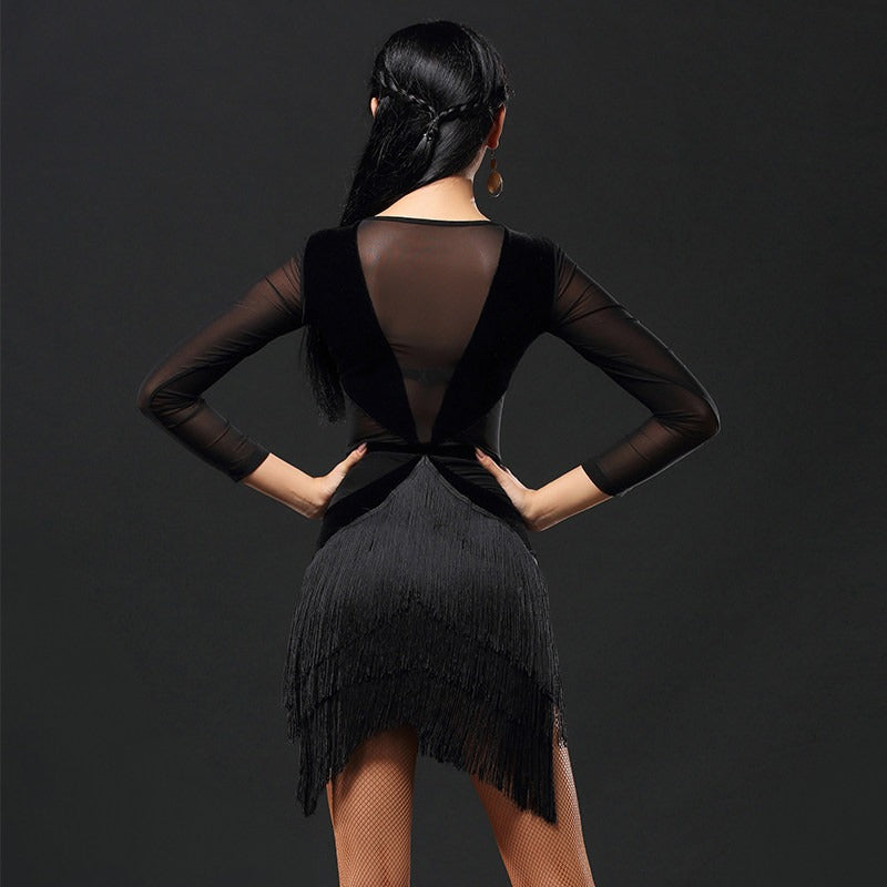 Black velvet dance dress with sheer mesh back, back view