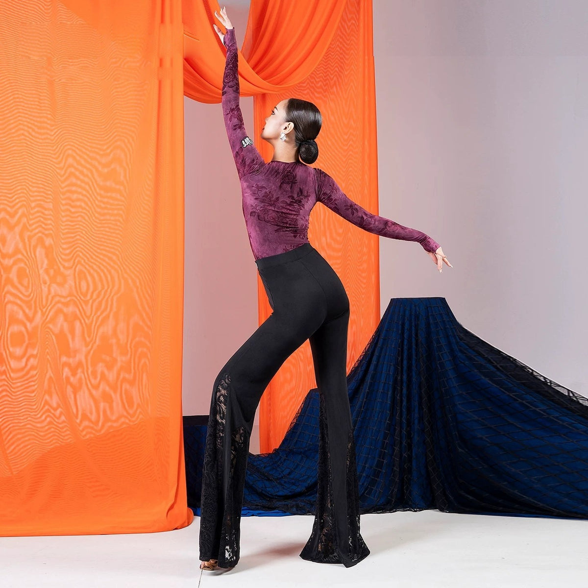 Lace flare dancesport practice trousers, side pose
